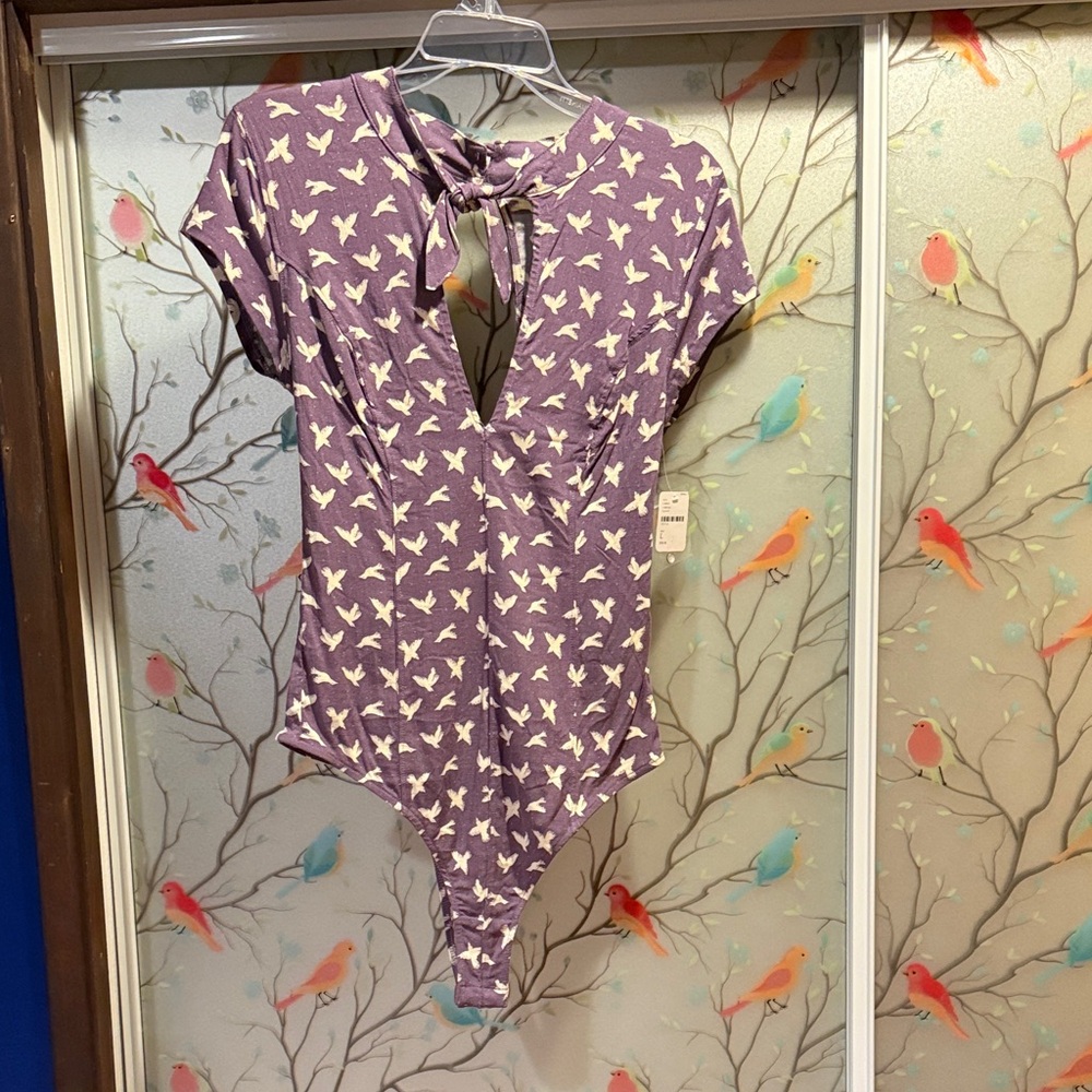 Free People Purple Bird Print Women's Bodysuit